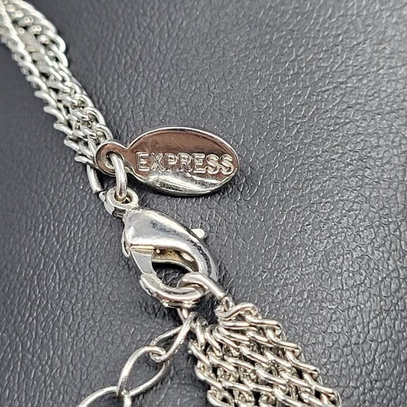 Express Layered Princess Matinee Necklace Silver Faux Pearl Crystal Multi Chain - Picture 2 of 10